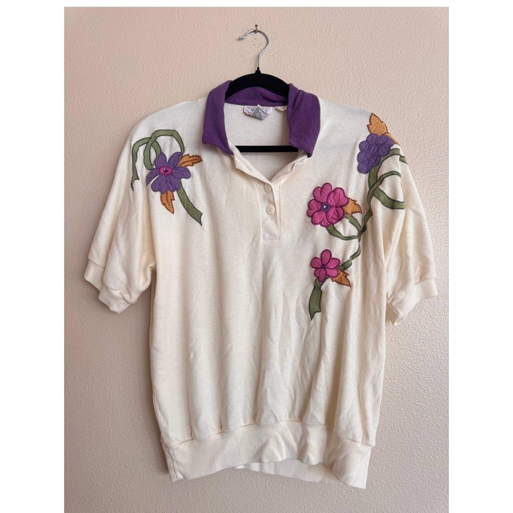 American Collection Vintage Floral Applique Polo Top M Cottagecore Quirky 90s